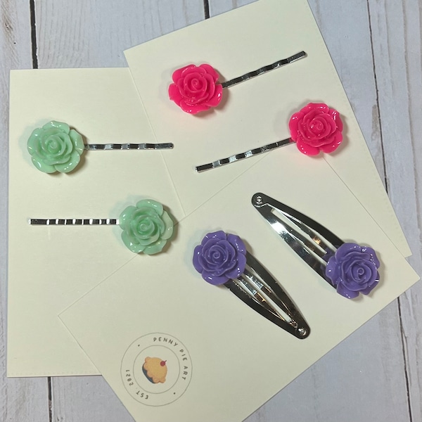 Large Rose Bobby Pin or Snap Clip Set of 2, 12 Colors Choices, Bridal Hair, Prom Hair, Women's Hair, Girl's Hair, Resin Flower