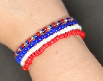 Patriotic Beaded Bracelet Stack: Red, White & Blue Heishi Jewelry
