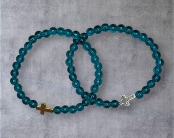 Teal Glass Beaded Cross Bracelet: Choose Gold or Silver