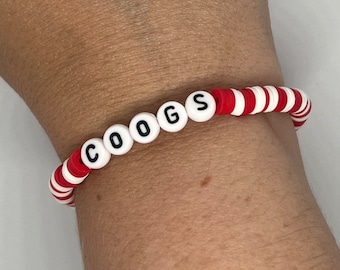 Houston Cougars Bracelet: Red White Heishi Bead, Go Coogs