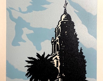 California Tower Linocut - San Diego Art — Handmade Balboa Park Decor — Original Architecture Relief Print