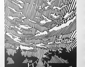 Handmade - Distracted By Sky - linocut artwork