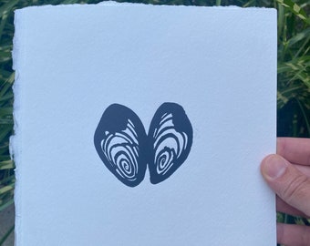 Handmade - Mussel, Clam, Sand Dollar (Shore Shells) - linocut artwork