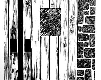 Barn Door Wood Engraving Original Print — Rustic Farmhouse Wall Art — Handmade Relief Landscape Artwork