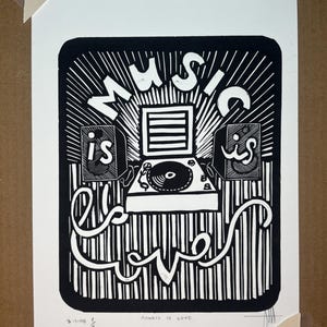 Music is Love - Linocut Print – Handmade Record Player Art with Circular Vinyl Text, Retro Music Wall Decor