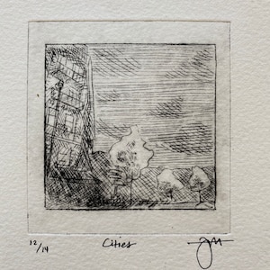 May include: Black and white print of a city scene with buildings and trees. The print is titled "Cities" and is numbered 12/14.