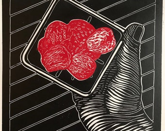 Handmade - True Summer Strawberries - linocut artwork