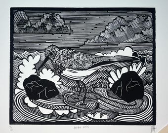Sandpiper Linocut Print – Handmade Coastal Shorebird Art
