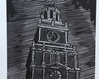 Independence Hall Wood Engraving Print — Original Philadelphia History Art — Handmade 4x6 Archival Relief Print