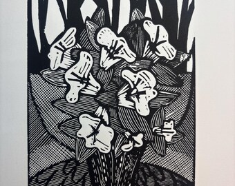 Black and White Spring Flower Linocut Print – Handmade Seasonal Art