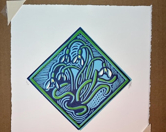 Handmade Flower Linocut Print – Green & White Botanical Wall Art