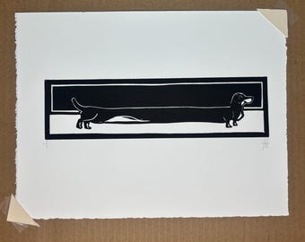 Dachshund Linocut Art - Minimalist Wiener Dog Print - Sausage Dog Gift
