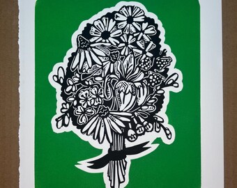 Handmade NJ Wildflower Linocut Print – Black & White Botanical Art with Green Border