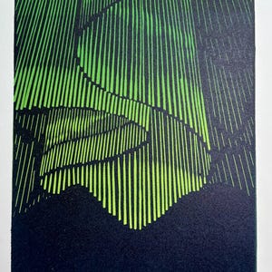 May include: Abstract art print with a striking contrast of neon green and dark blue. The artwork features vertical and curved lines, creating a sense of depth and movement. The print is titled "Embers II" and is numbered 7/14.