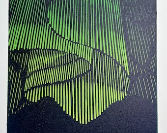Aurora Borealis Linocut Print – Embers II, Hand-Pulled Northern Lights Art