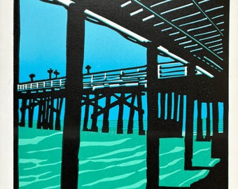 Handmade - Malibu Pier - artwork linocut