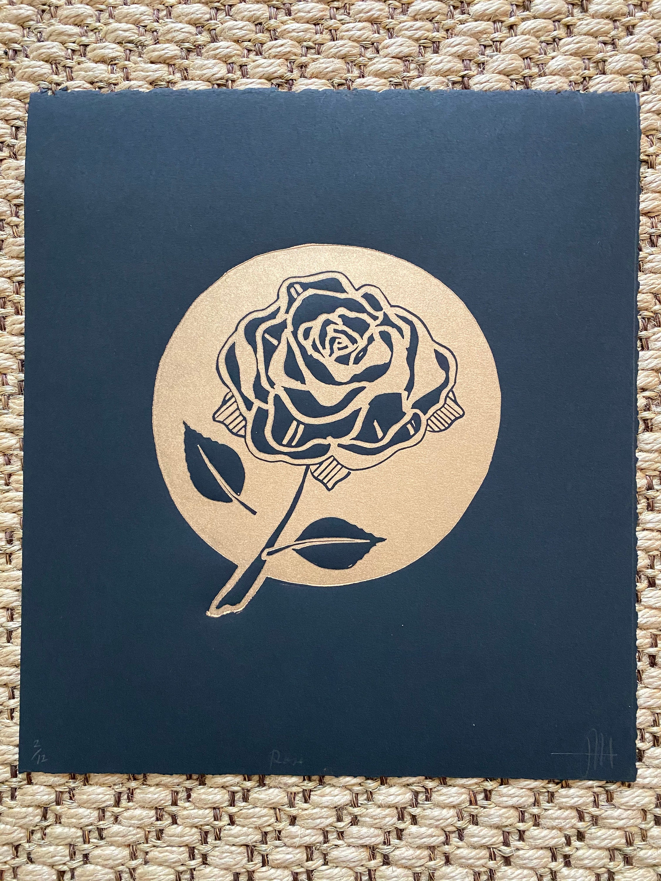 Gold Rose Linocut Print – Hand-pulled Relief Botanical Wall Art - Etsy