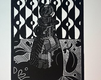 Olive Oil Bottle Linocut Print – Handmade Kitchen Art