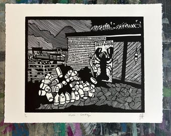 Handmade - Hello - Goodbye - Artwork Linocut - Peaks Island