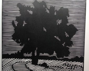 Rosedale Park Tree Linocut Print – Original Black White Botanical Artwork