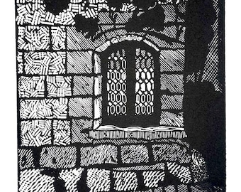 Arch Window Linocut Print – Handmade Black and White Architectural Art