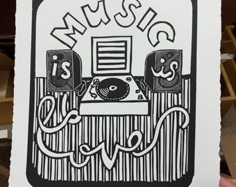 Record Player Linocut Print – Music is Love, Retro Wall Art