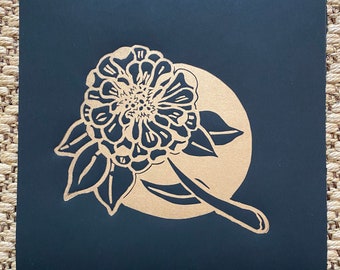Gold Zinnia Linocut Print – Black Botanical Relief Artwork – Handmade Floral Wall Decor