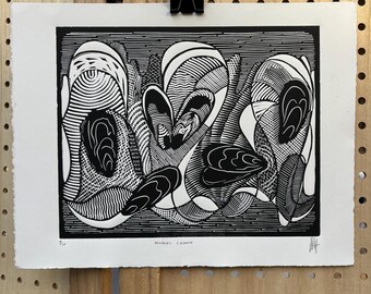 Handmade - Mussel Crown - artwork linocut