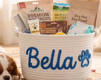 Cesta de juguetes personalizada para mascotas con nombre, cesta de juguetes para perros personalizada, contenedor de juguetes para gatos, cesta de cuerda de algodón tejida, regalo para cachorros