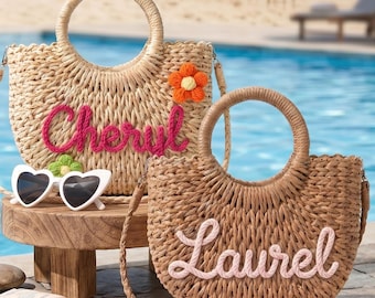 Sac de plage personnalisé en paille, fourre-tout personnalisé de demoiselle d'honneur, sac à main bandoulière tissé à la main, cadeau EVJF, cadeau de fête de mariage, sac d'été