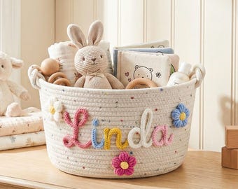 Cesta personalizada para bebê, cesta com nome personalizado, presente para chá de bebê, cesta organizadora para quarto de bebê, organizador de brinquedos, cesta de corda de algodão feita à mão