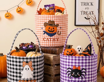 Custom Name Halloween Basket, Personalized Trick or Treat Bag, Gingham Candy Bucket for Kids, Boo Basket, Halloween Gift for Toddler