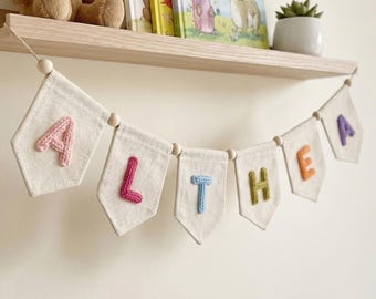Custom Baby Name Banner, Personalized Yarn Letters on Canvas, Nursery Wall Decor, Kids Room Garland, Neutral Baby Shower Gift