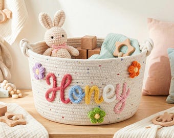 Aangepaste naam touwmand, gepersonaliseerd babycadeau, mand kinderkamer, organisator speelgoed, babyshowercadeau, handgemaakte opbergmand
