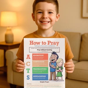 Puede incluir: Un niño sonriente sostiene un póster colorido titulado "Cómo rezar". El póster presenta las palabras "Orad sin cesar" e incluye ilustraciones y texto sobre la oración, con el logotipo de Lambs & Lions en la parte inferior.