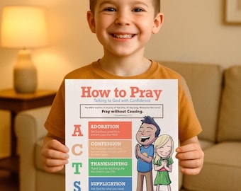 May include: A smiling young boy holds a poster titled "How to Pray." The poster has the words "Pray without Ceasing" and includes illustrations and text about prayer. The Lambs & Lions logo is at the bottom of the poster.