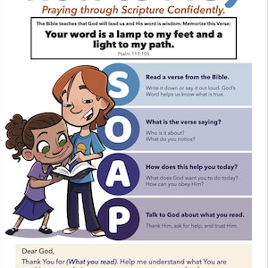 May include: A colorful educational poster titled "How to Pray" with the SOAP method. Two cartoon children are reading a book. The poster includes a Bible verse and a prayer. The Lambs to Lions logo is in the bottom right corner.