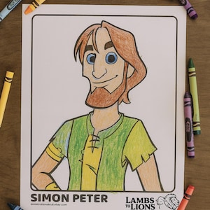 May include: A coloring page featuring a cartoon illustration of Simon Peter, colored with crayons. The character has red hair and a beard, wearing a green tunic. Crayons in various colors surround the page. Text includes "Simon Peter" and "Lambs to Lions".