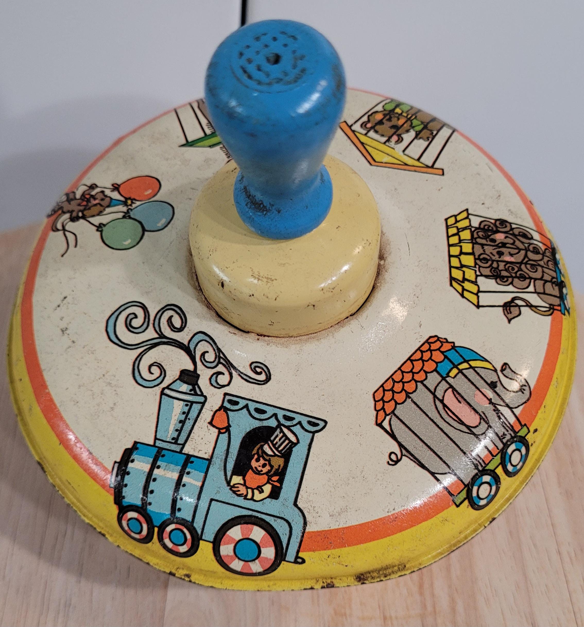 Vintage Ohio Art Tin Litho Spinning Top – Circus Train, 1960s Toy