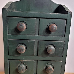 Apothocary Cabinet/Vintage Primitive Green Wooden Spice Cabinet / Mini Drawer Organizer/Storage
