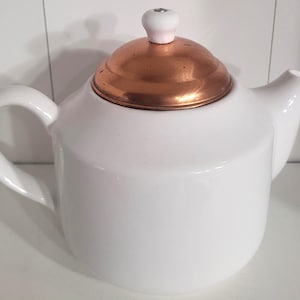 Vintage White Ceramic Teapot with Copper Lid | Mid Century Style Tea Pot | Farmhouse Kitchen Decor | Cottagecore Serving Piece