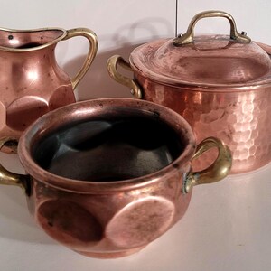 Vintage Mini Copper Kitchen Set, Small Copper Pot with Lid, Cream Pitcher & Two Handle Bowl, Brass Handles, Farmhouse Decor