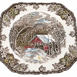 Vintage Johnson Brothers Friendly Village Covered Bridge Plate Made in England Brown Transferware Farmhouse Dinnerware