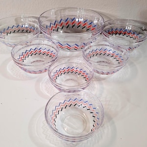 Retro Glass Nesting Bowl Set, Colorful Zig Zag Pattern, Y2K Kitchen Decor, Clear Glass Serving Bowls, Vintage Style Mixing Bowl Set