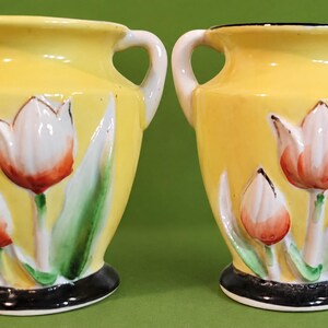 Vintage Japanese Tulip Vases – Set of 2 – Charming Yellow Floral Pottery