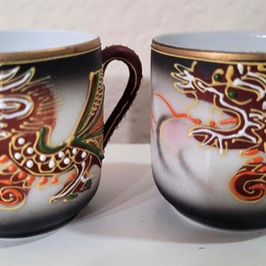 Vintage Japanese Dragonware Moriage Pair of Mini Tea Cups - Dragon Handle - Made in Japan