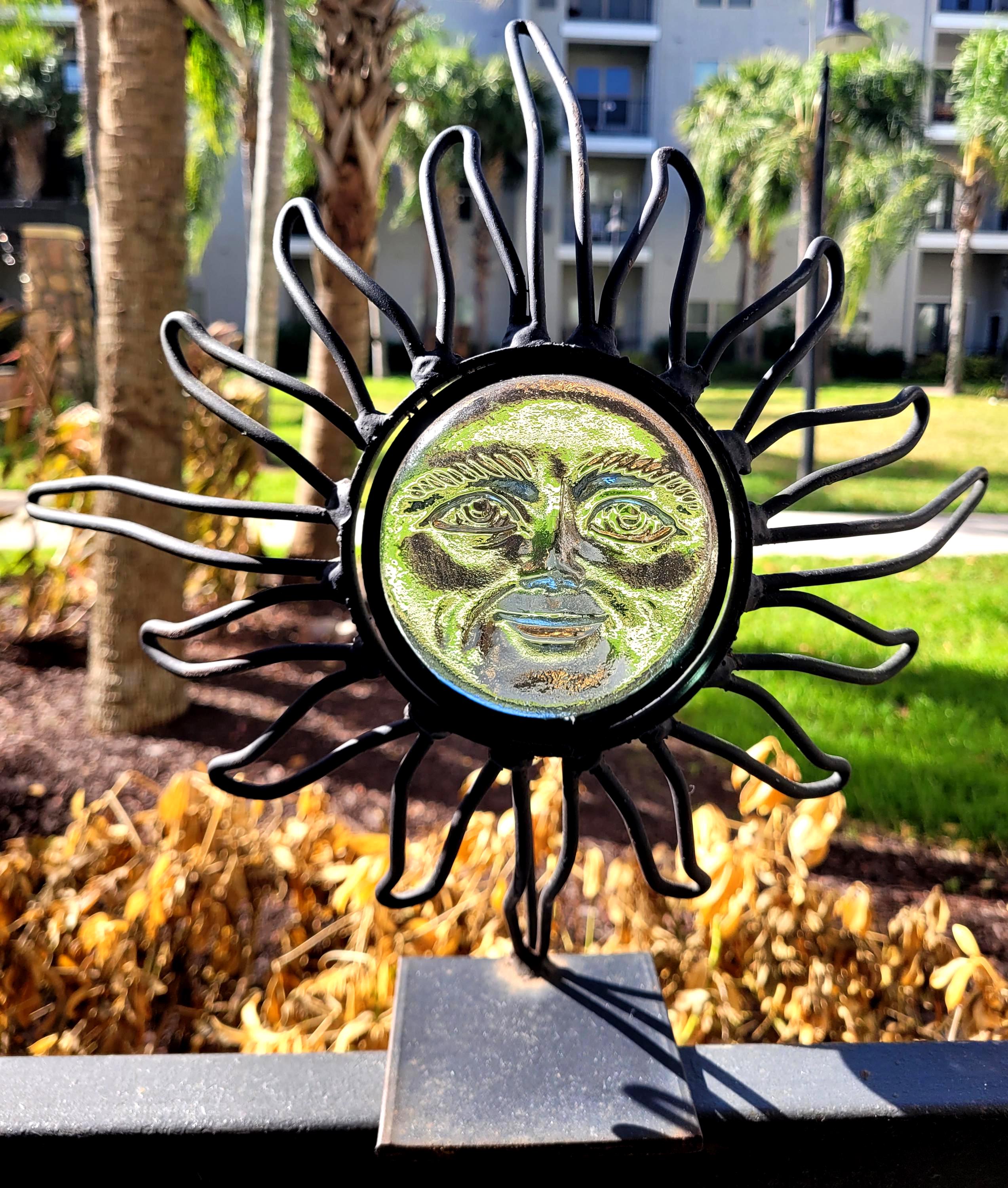Wrought Iron Sun Face Candle Holder With Glass Center – Outdoor