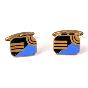 Vintage Brass Cufflinks – 70s Men&#39;s Jewelry Blue & Black Enamel Art Deco Style – Geometric Scandinavian Accessories – 1970s Gift for Him