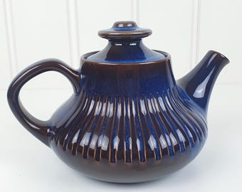 Berit Ternell Kosmos Teapot; Scandinavian Mid Century Blue Brown Ceramic, Gefle Sweden 1960s–70s