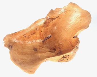 フクロウとキツネが描かれたバーチ材のボウル：ヴィンテージ風の素朴な手作り彫刻皿